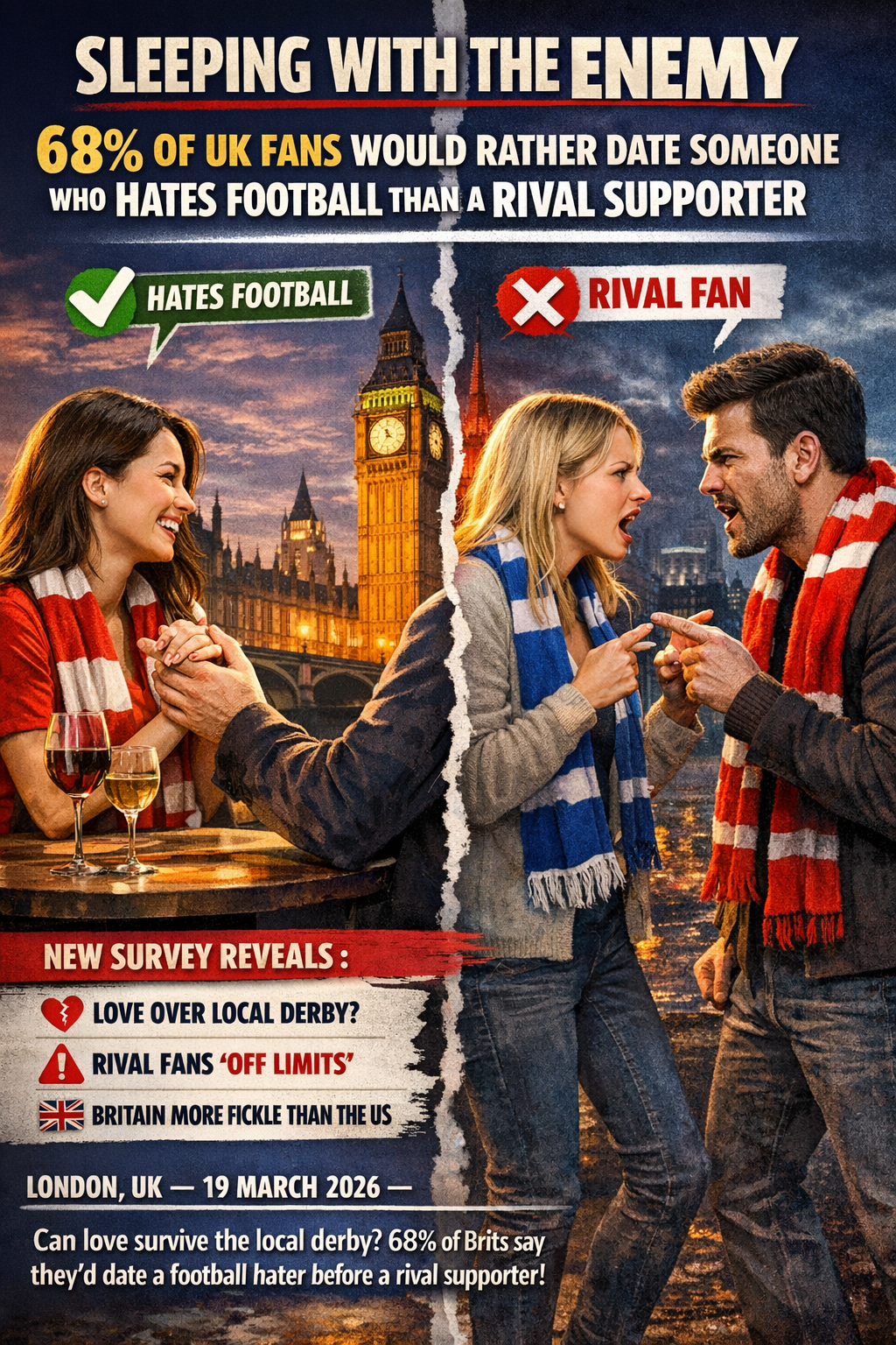 SLEEPING WITH THE ENEMY: 68% OF UK FANS WOULD RATHER DATE SOMEONE WHO HATES FOOTBALL THAN A RIVAL SUPPORTER SLEEPING WITH THE ENEMY: 68% OF UK FANS WOULD RATHER DATE SOMEONE WHO HATES FOOTBALL THAN A RIVAL SUPPORTER